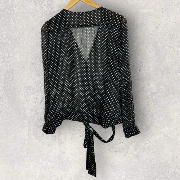 Sezane 100% Silk Wrap Blouse Womens Size 40 French US 8 Polka Dot Top Black Ecru - Picture 6 of 15